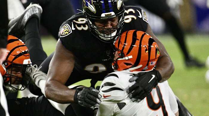 January 24, 2023: Ravens™ Calais Campbell sacks Cincinnati quarterback Joe Burrows to force fourth down in the first quarter as the Baltimore Ravens host the Cincinnati Bengals at M&T Bank Stadium Sunday night. - ZUMAm67_ 0200616142st Copyright: xJerryxJacksonx